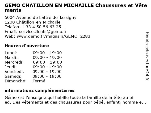 Horaires d ouverture GEMO CHATILLON EN MICHAILLE Chaussures et